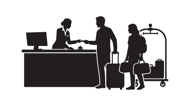 Hotel Reception Scene With Guests And Staff Black Silhouette