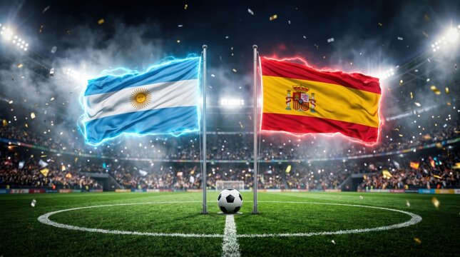 Argentina vs spain national football teams flags on a stadium pitch with soccer ball
