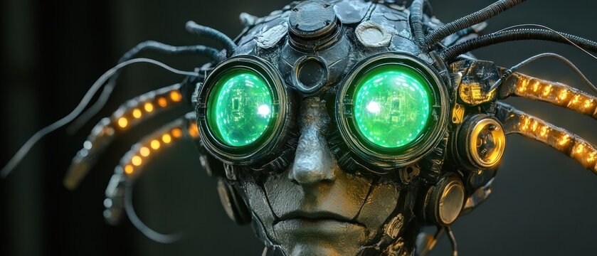 Close up of futuristic robot face with glowing eyes