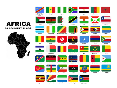 Collection Of 54 African Countries National Flags In round shape Button Isolated On White Background