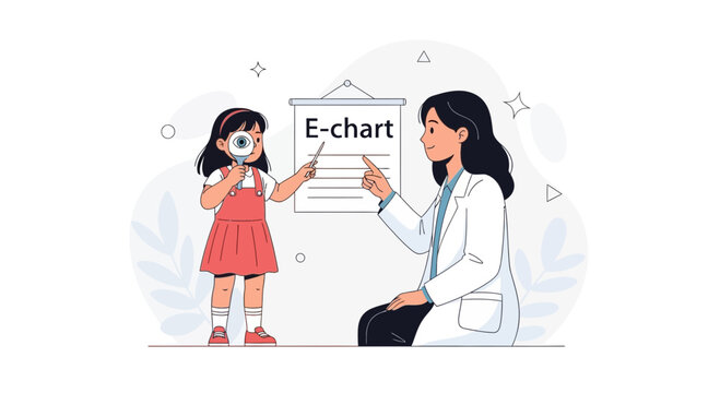 Child learns eye chart with doctor, magnifying glass, vision test, optometry, education, concept illustration