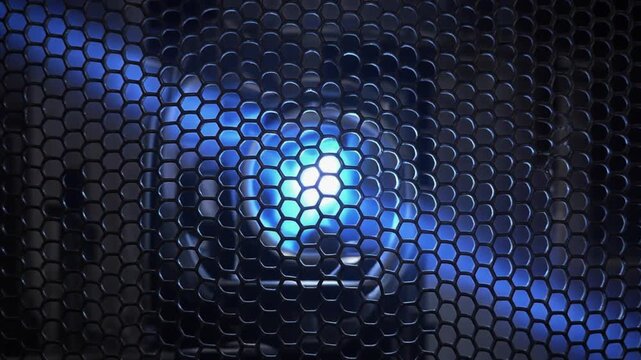 Futuristic Blue Volumetric Light Ray Through Black Honeycomb Metal Mesh Background