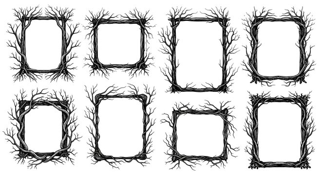 Set of handdrawn rectangular frames made of tree branches and roots, rustic wooden borders for invitations and decorations