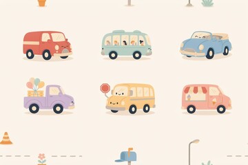 Naklejka premium Seamless pattern of cute cartoon vehicles including a bus, a van, a convertible, and a truck with balloons on a light beige background