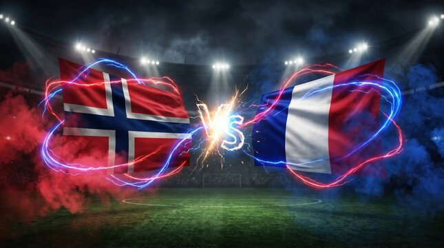 Norway vs france soccer match flags on stadium background