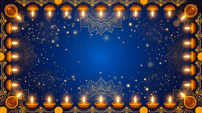 Diwali festival oil lamps border decoration with blue background and sparkles.