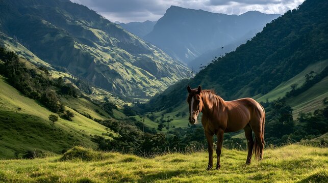 A Majestic Brown Horse Standing in a Lush Green Valley Surrounded by Towering Mountains under a Dramatic Sky, Perfect Landscape Photography of Rural Nature and Wildlife in a Peaceful Mountainous