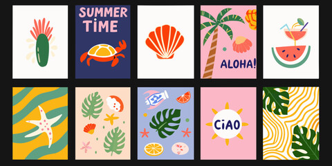 Tropical summer illustration with seashells starfish palm leaves and fruit in a patterned style pattern © PabanBiswas