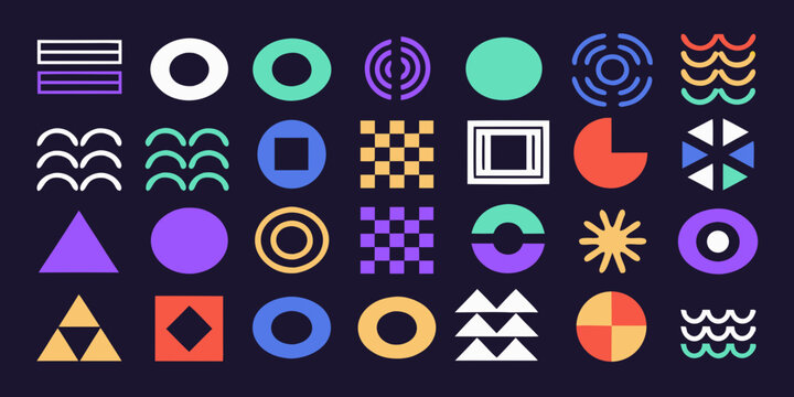 Collection of flat geometric icons with concentric circles squares and curved shapes vector graphics abstract