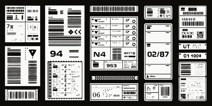 Assorted Shipping Labels And Barcodes White Vector Illustration On Black Background barcode label postal markings