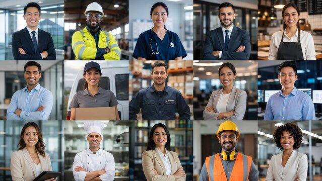 A comprehensive grid collage showcasing various professional careers and diverse occupations.