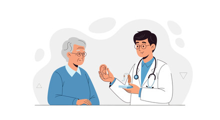 Fototapeta premium Doctor Consults Senior Patient, Explaining Hearing Aid Technology