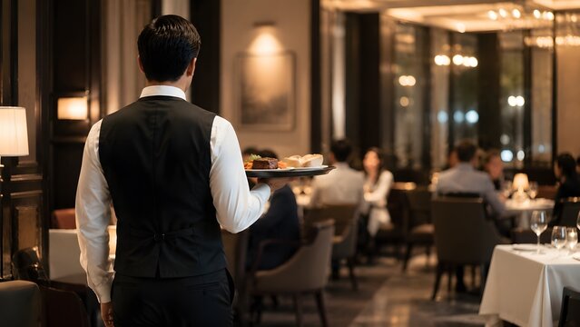 Rear view of a professional male waiter or server in a black vest and white shirt carrying a food tray with steak and bread inside a luxury fine dining restaurant. 