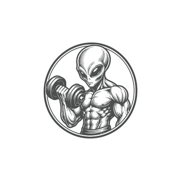 Alien Holding Dumbbell Vintage Engraving Vector Illustration Isolated on White Background