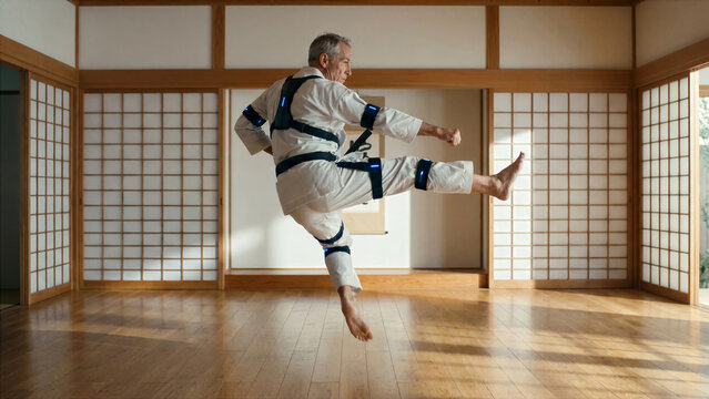 Senior man practicing karate moves in minimalist dojo wearing traditional white gi with bionic tracking bands