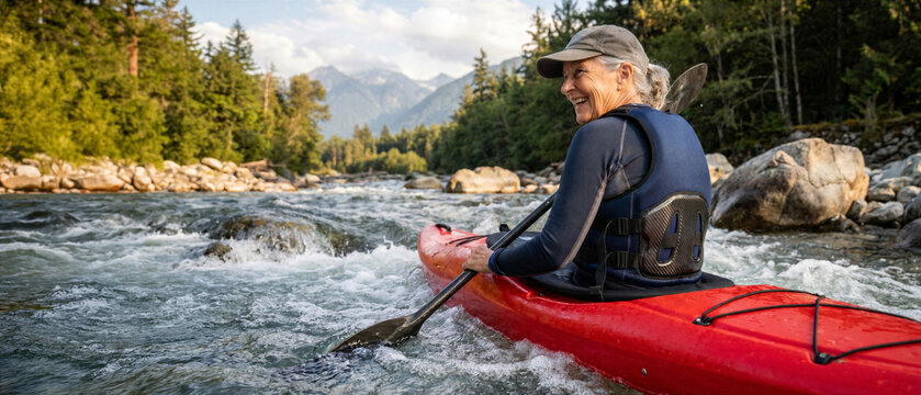 Active elderly woman kayaking on rapid mountain river wearing specialized neoprene vest with core stabilizers