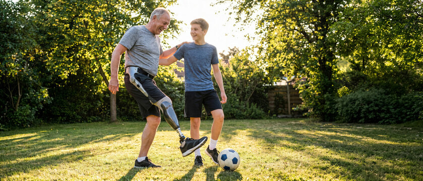Joyful elderly man with prosthetic leg and bionic hip stabilizer playing soccer with son in backyard