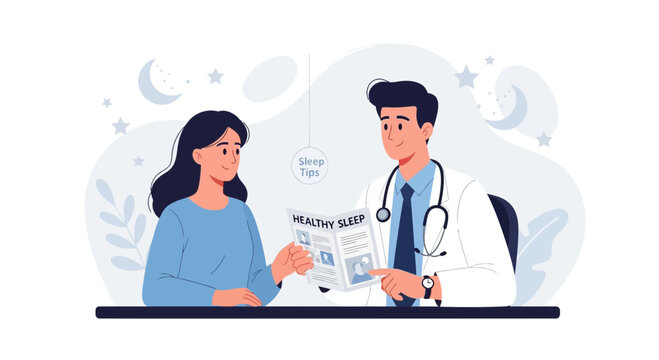Doctor Consulting Patient About Healthy Sleep Tips, Medical Consultation, Vector Illustration