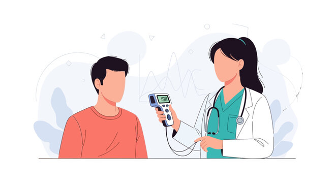 Doctor checking patient's temperature with infrared thermometer during medical check-up, modern flat illustration style.