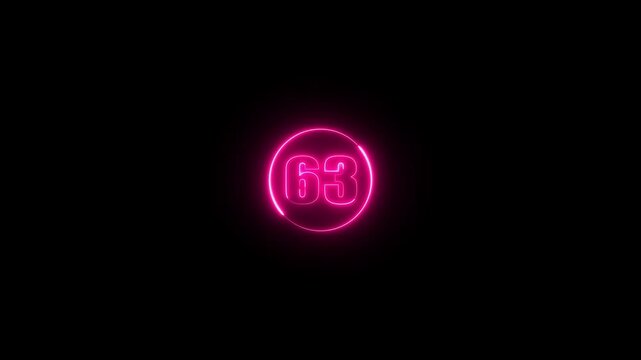 Glowing purple color neon effect number 63 animation on black background. Neon number 63 with alpha channel.
