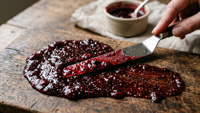 Dark crimson berry jam being spread smoothly over rustic dark wood backdrop with sharp palette knife
