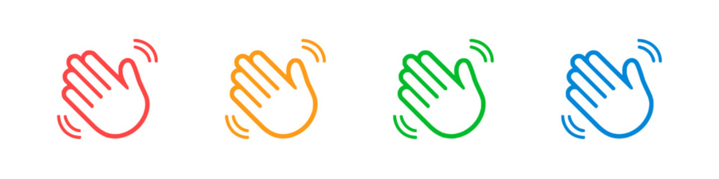 Waving hand icons in four colors on white, greeting gesture set