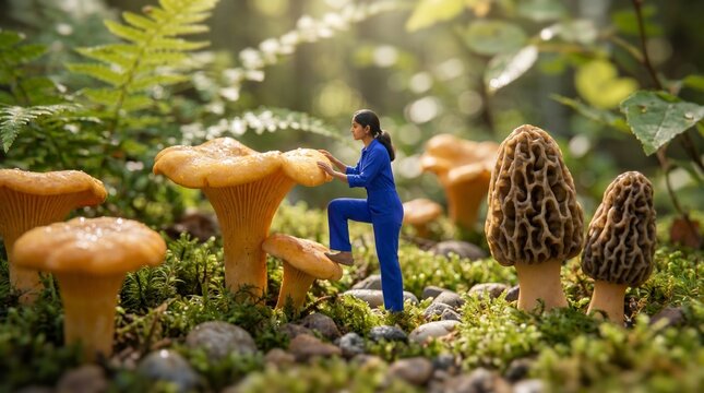 A miniature woman in a blue jumpsuit carefully climbs amongst a cluster of giant chanterelle and morel mushrooms in a mossy forest.