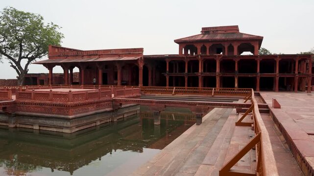 Architectural View of Fatehpur Sikri Royal Complex Featuring Historic Water Reservoir