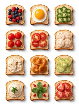 Twelve slices of toast are artfully arranged in a 3x4 grid. Each slice is uniquely topped with an assortment of ingredients. 