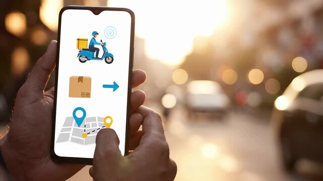 Person holds a smartphone running a delivery app with a courier on a scooter, a parcel, and a tracking map with location pins on the screen. Online order shipping and logistics service on urban street