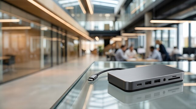Modern metal multiport hub with cable on office desk for data transfer