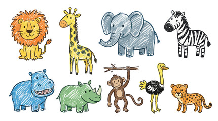Cute Cartoon Safari Animals Collection - Lion, Giraffe, Elephant, Zebra, Hippo, Rhino, Monkey, Ostrich, Cheetah © Hantu