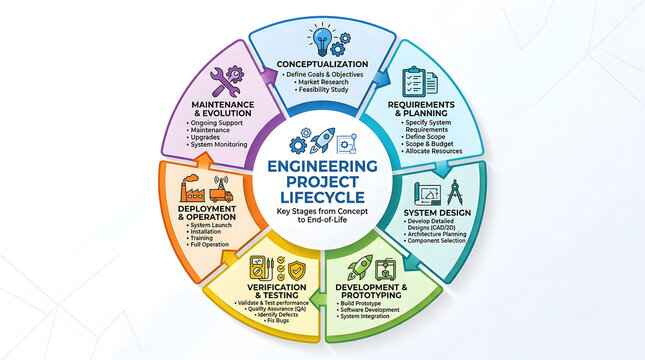 Colorful circular diagram showing the engineering project lifecycle development process steps