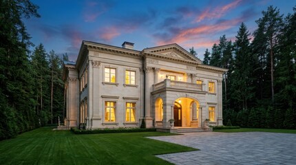 Obraz premium Grand classical mansion in forest at sunset with warm lights