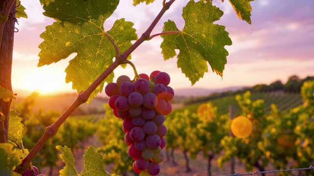 Ripe grape cluster hangs on a vine in a vineyard at sunset. Lush green leaves and golden sunlight surround the fresh fruit as rolling hills stretch across the rural countryside during harvest season.