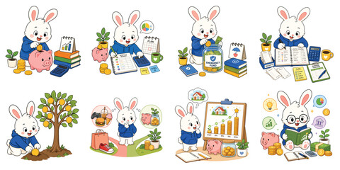 Fototapeta premium Financial Literacy Rabbit Collection with Saving Budgeting Investing Goal Setting and Money Education Concepts