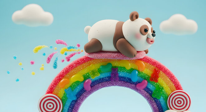 Cute Claymation Panda Farting Candies on a Sweet Rainbow.