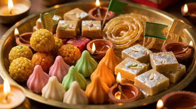 Assortment of traditional indian sweets mithai and diyas