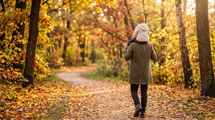 Fototapeta premium Parent walking with child on shoulders along a golden autumn forest path, warm family bonding, nature, childhood and outdoor lifestyle concept.