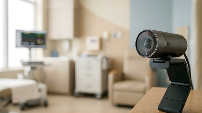 Modern web camera monitoring a patient room in a healthcare facility