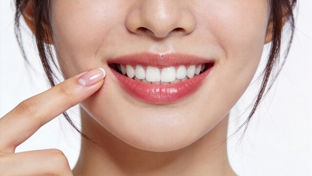 Close-up portrait of beautiful Asian woman smiling, pointing finger at her white teeth and perfect smile. Concept of dental care, hygiene, orthodontics, cosmetic dentistry
