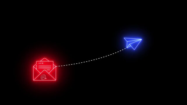 Neon email envelope and paper plane icon on black background.
