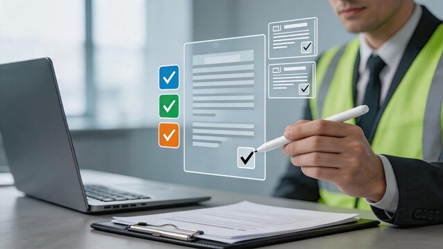 Safety inspector reviewing compliance checklist and documents on virtual screen while wearing high visibility vest in office environment.