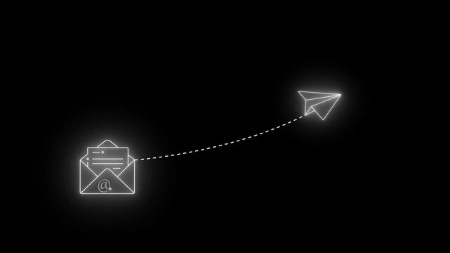 Neon email envelope and paper plane icon on black background.