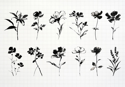 Monochrome Floral Ink Art Element Design Set