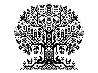 Fototapeta premium Scandinavian Folk Art Tree of Life Illustration with Birds, Rabbits, and Floral Elements