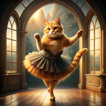 Cute ginger cat dancing in a tutu in a sunlit room