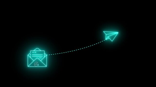 Neon email envelope and paper plane icon on black background.