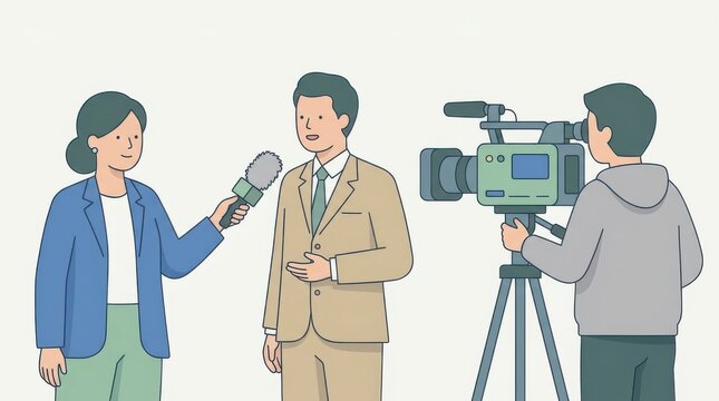 A female reporter interviewing a man in a suit with a cameraman