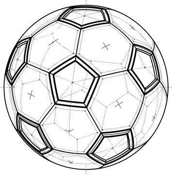 Geometric wireframe sphere and abstract truncated icosahedron line illustration, technical blueprint soccer ball and mathematical 3D mesh structure vector art
